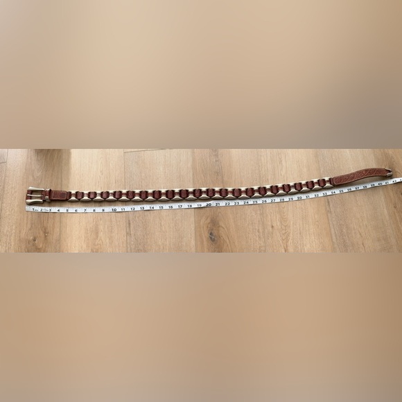 Vintage Genuine Leather Brown Unique Silvertone Embellished Woven Heavy Belt - Picture 15 of 17
